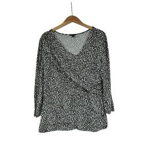 Lafayette 148 Black White Polkadot Ruched Faux Wrap Stretch Top Womens XL